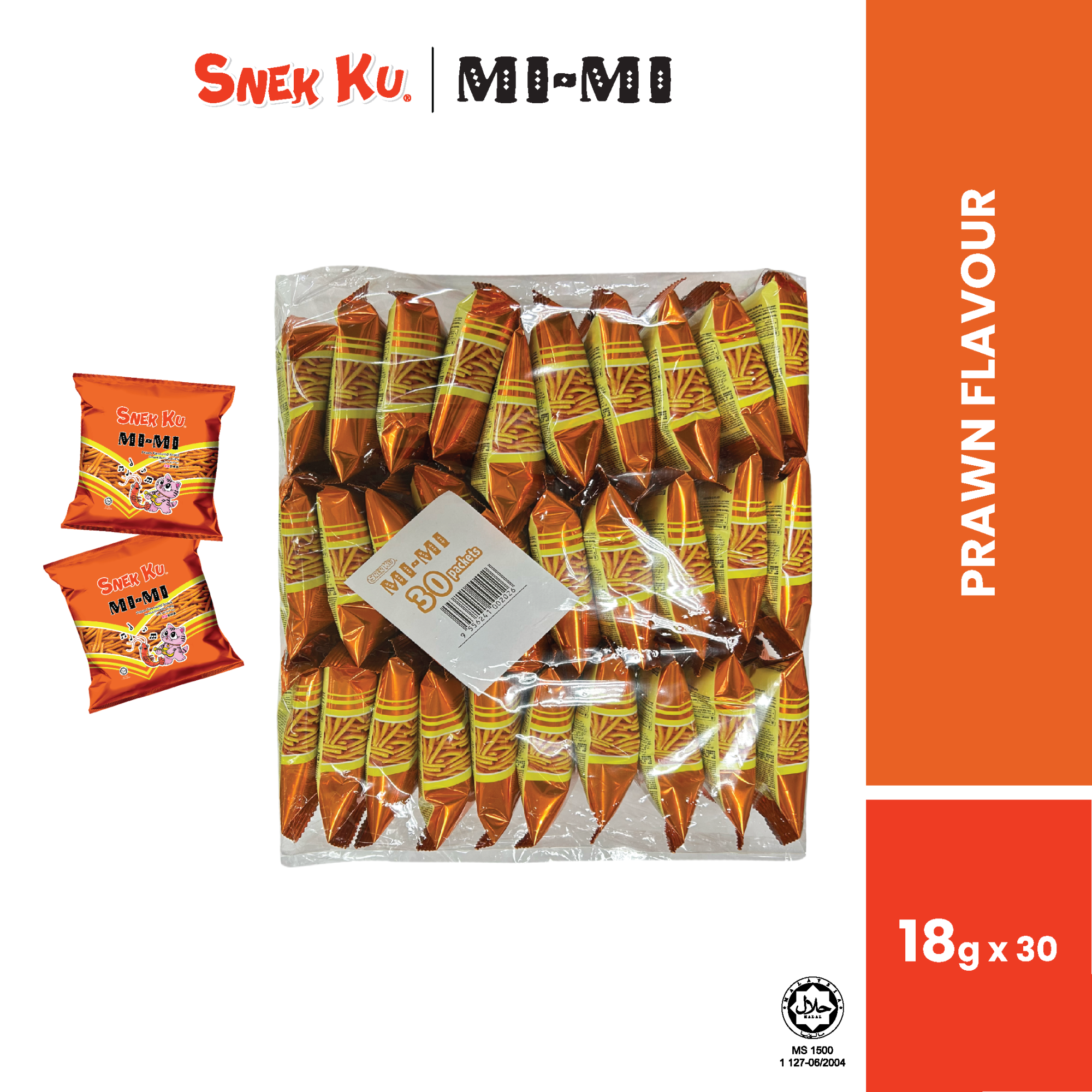 Snek Ku Mimi Prawn Flavoured Snacks (18g x 30 pkts)